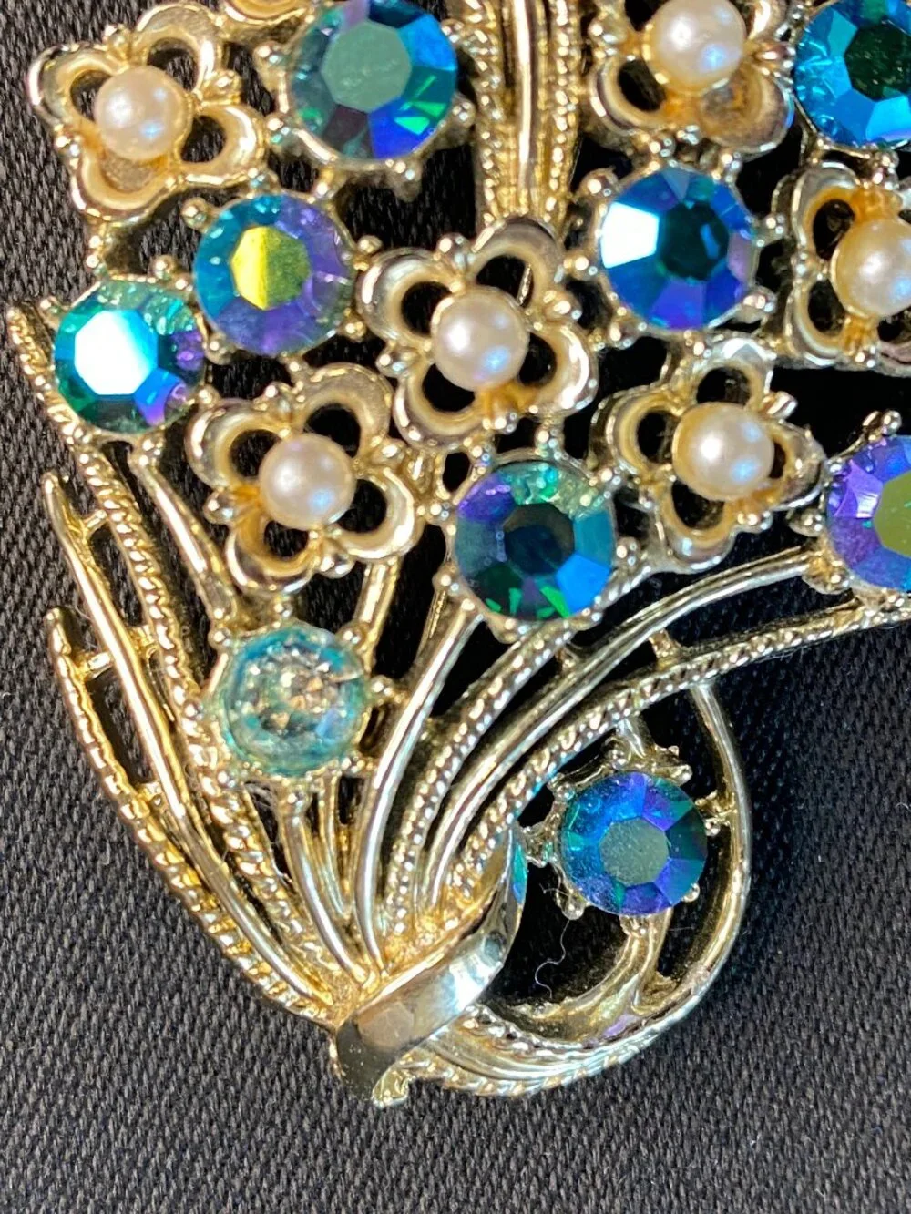 Vintage Coro Blue Aurora Borealis Rhinestone Floral Bouquet Gold-tone Brooch